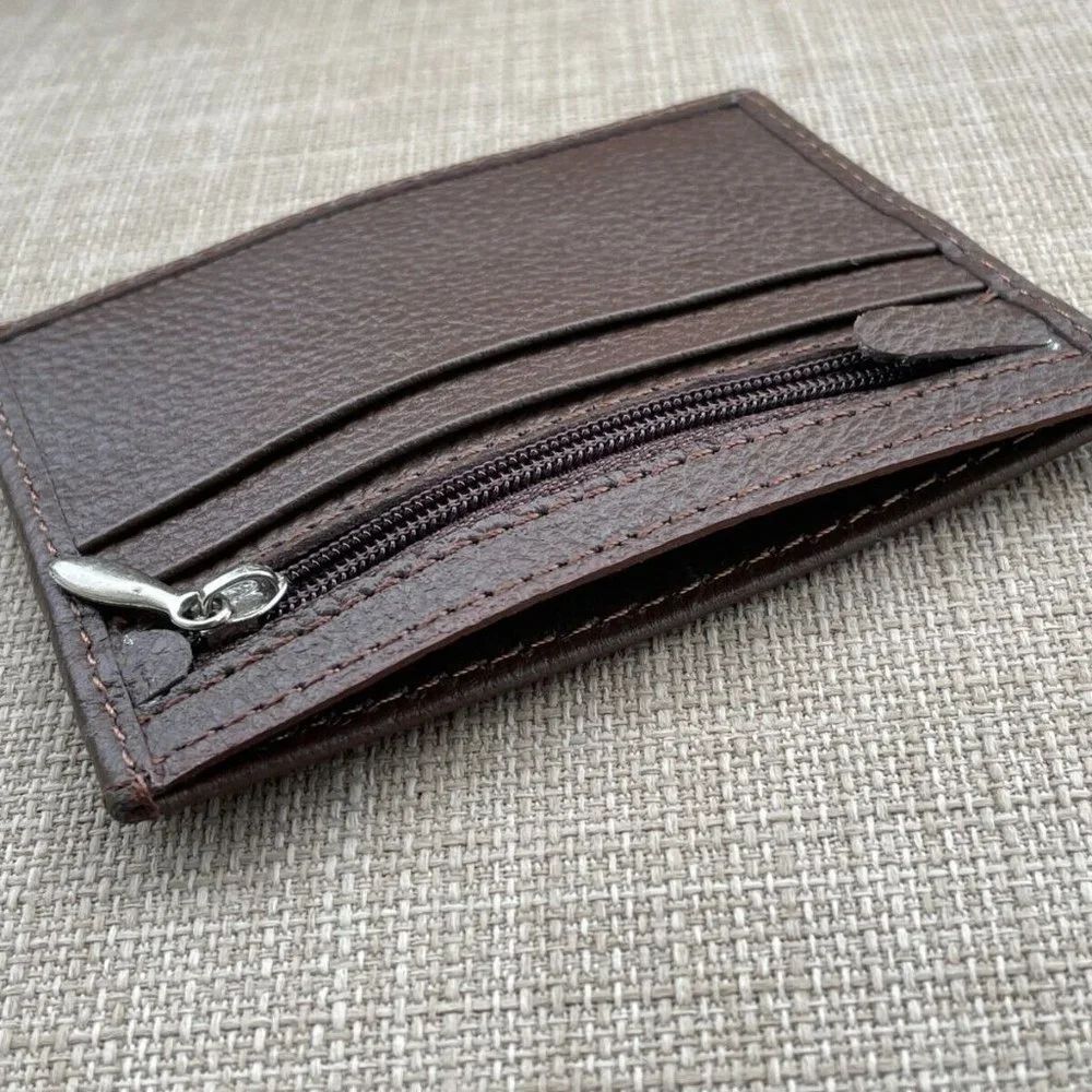 Card Holder Brown Genuine Leather Mini Wallet Zip Handmade Coin Purse New